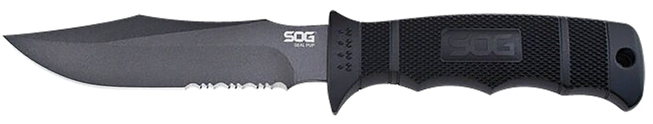 SOG Seal Pup 4.75" Fixed Blade Part Serrated Clip Point Powder Coated AUS-8A Stainless Black Raised Diamond Pattern GRN Handle Nylon Sheath