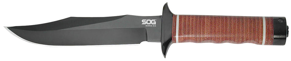 SOG Bowie 2.0 Fixed Blade 6.40" Clip Point AUS-8 Steel Knife with Cross Guard and Leather Washer Handle