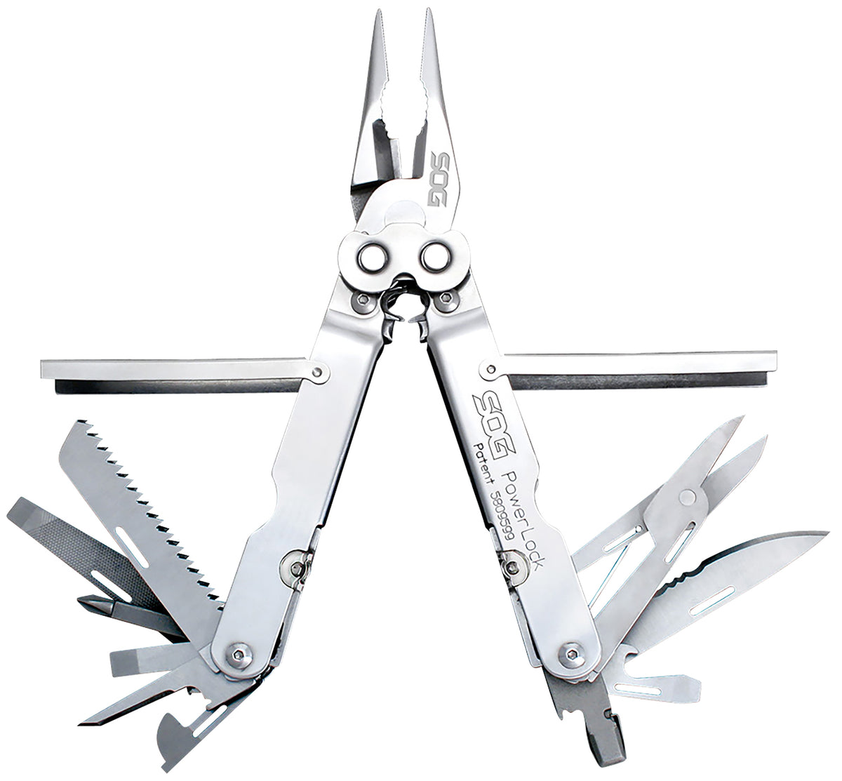 SOG SOG-S60N-CP PowerLock Multi-Tool Polished 420 SS 7" Long 18 Functions Compound Leverage Includes Sheath