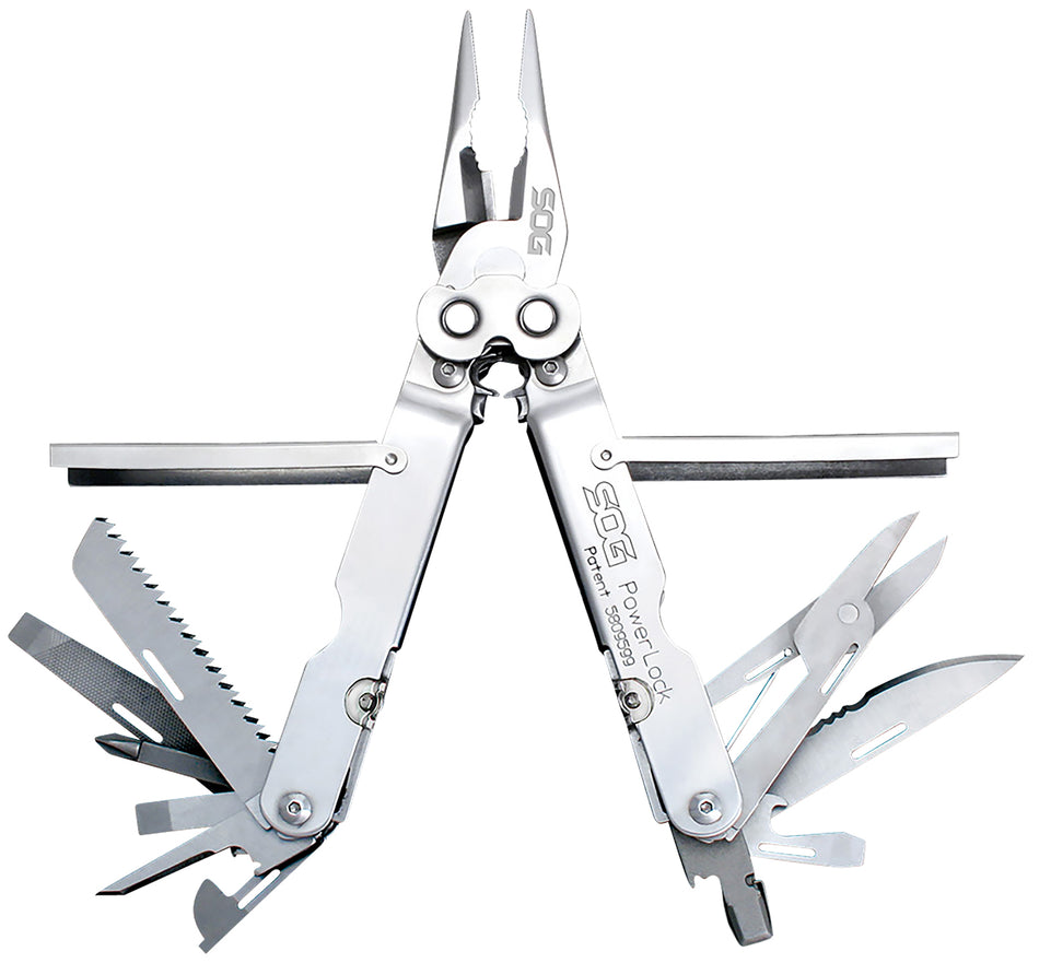 SOG SOG-S60N-CP PowerLock Multi-Tool Polished 420 SS 7" Long 18 Functions Compound Leverage Includes Sheath