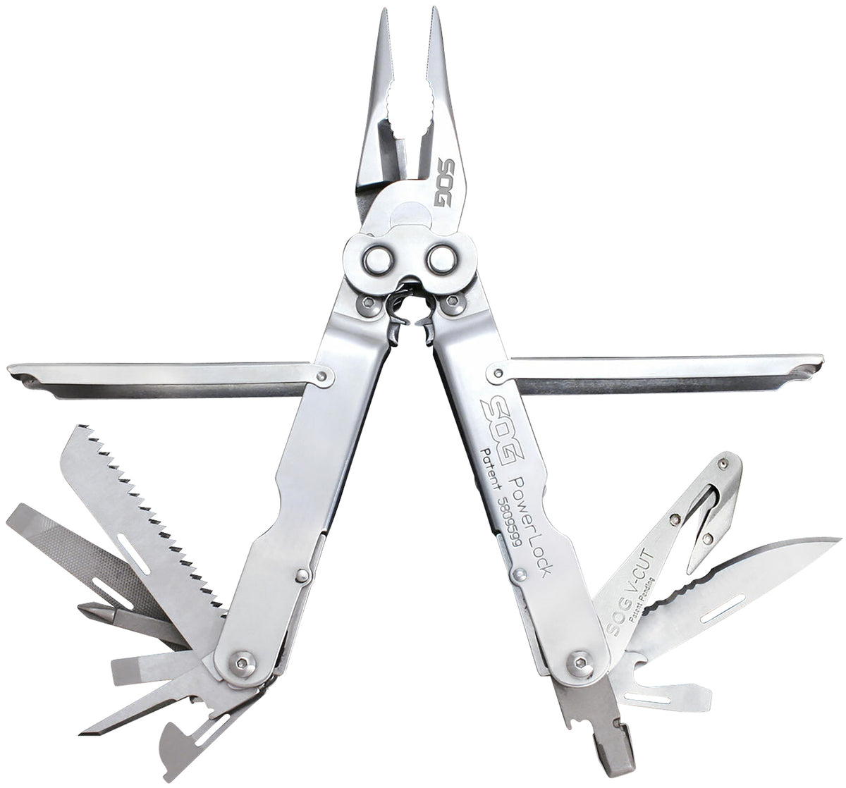 SOG PowerLock V-Cutter Multi-Tool 7" Polished Stainless Steel with Compound Leverage and Sheath