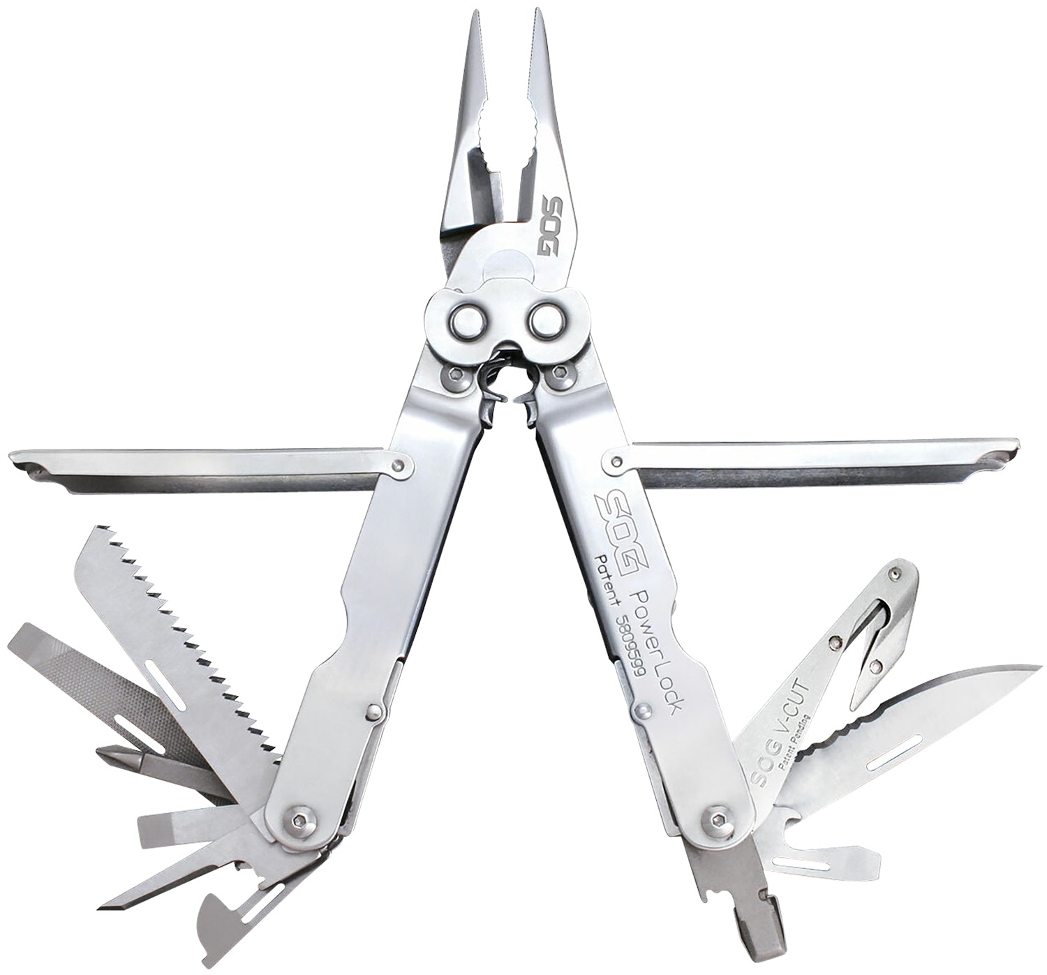SOG PowerLock V-Cutter Multi-Tool 7" Polished Stainless Steel with Compound Leverage and Sheath