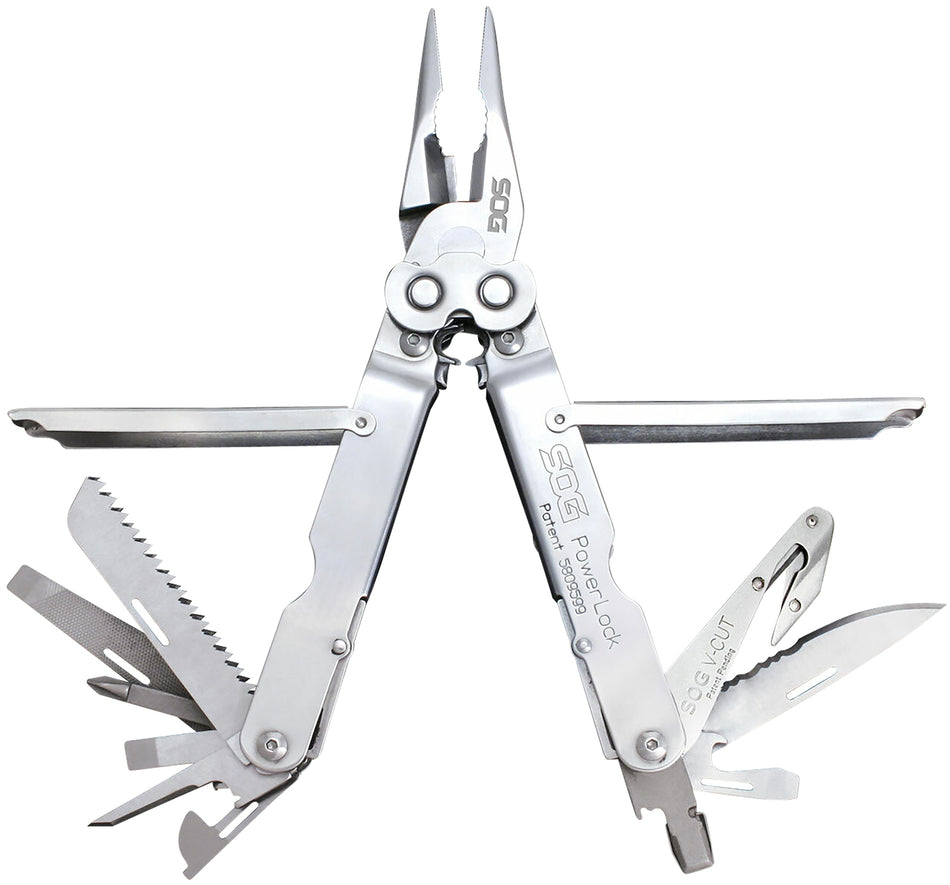 SOG PowerLock V-Cutter Multi-Tool 7" Polished Stainless Steel with Compound Leverage and Sheath