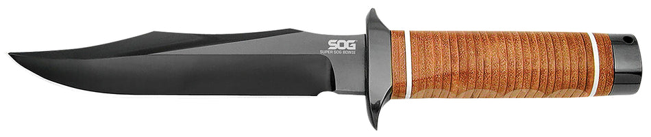 SOG Super SOG Bowie 7.50" Fixed Blade Knife with Black TiNi AUS-8A Steel and Stacked Leather Handle with Sheath