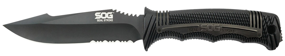 SOG Seal Strike 4.90" Fixed Blade Part Serrated AUS-8A SS Knife with Black Textured GRN Handle and Sheath