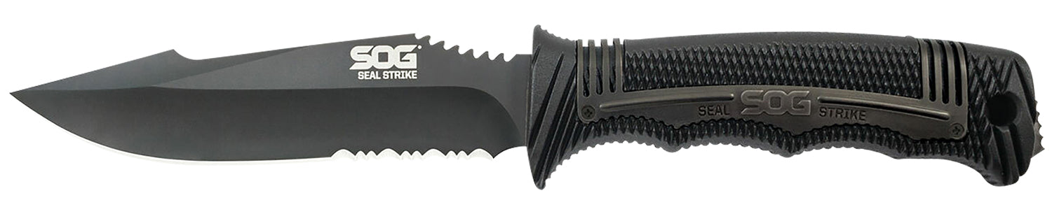 SOG Seal Strike 4.90" Fixed Blade Part Serrated AUS-8A SS Knife with Black Textured GRN Handle and Sheath