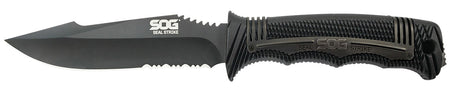 SOG Seal Strike 4.90" Fixed Blade Part Serrated AUS-8A SS Knife with Black Textured GRN Handle and Sheath