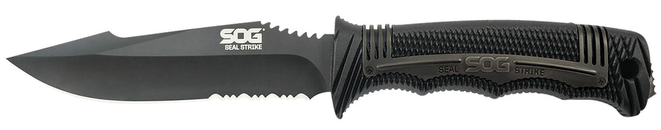 SOG Seal Strike 4.90" Fixed Blade Part Serrated AUS-8A SS Knife with Black Textured GRN Handle and Sheath