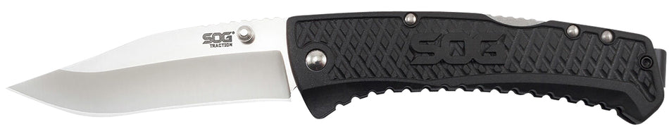 SOG Traction 3.50" Folding Lockback Knife with Satin 5Cr13MoV Blade and Textured GRN Handle