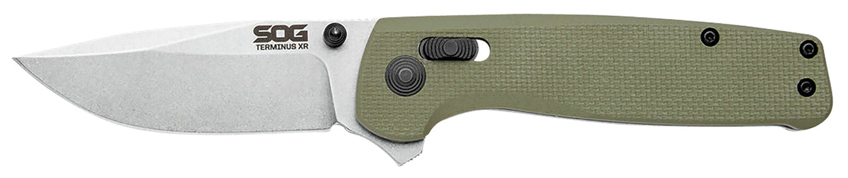 SOG Terminus XR 2.95" Folding Clip Point Plain Stonewashed BD1 Steel Blade with OD Green G10 Handle and Box Packaging