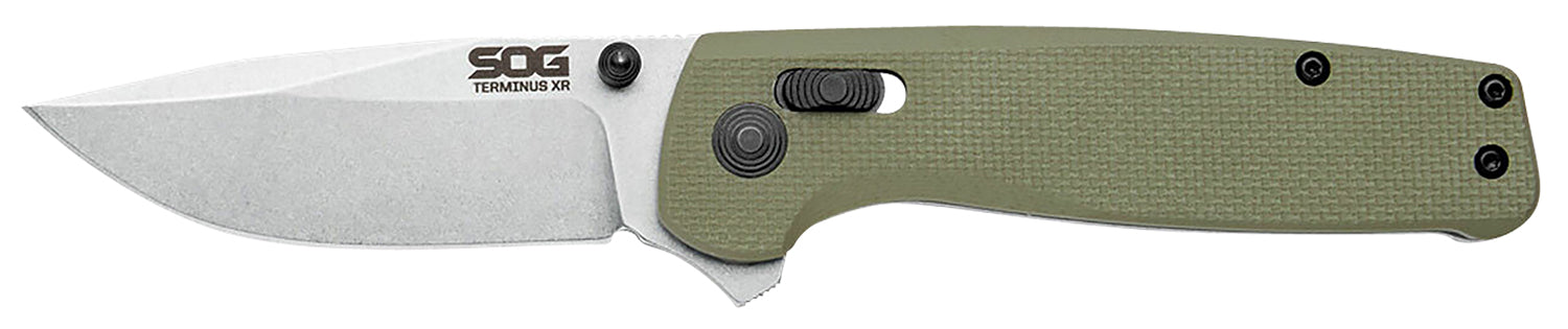 SOG Terminus XR 2.95" Folding Clip Point Plain Stonewashed BD1 Steel Blade with OD Green G10 Handle and Box Packaging