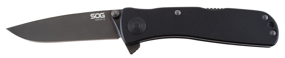 SOG Twitch II 2.65" Folding Assisted Black TiNi AUS-8A SS Blade with Black Anodized Aluminum Handle and Pocket Clip