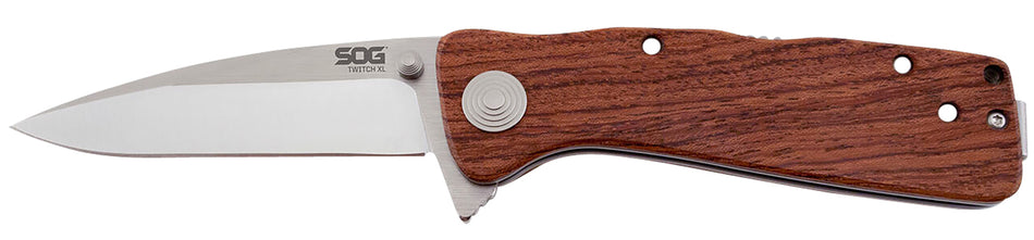 SOG Twitch II 2.65" Folding Assisted Drop Point Satin AUS-8A Blade with Brown Rosewood Handle and Safety Lock