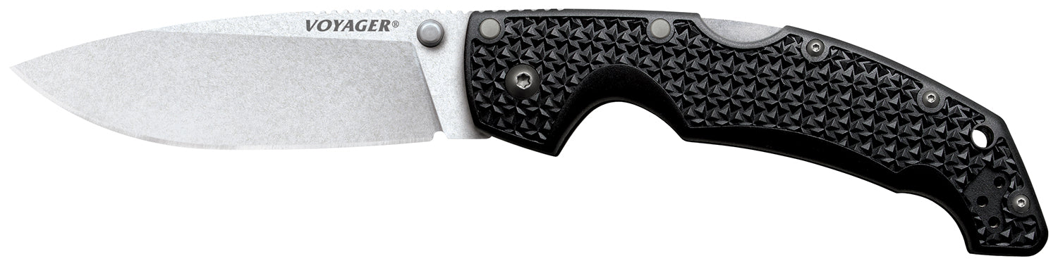 Cold Steel Voyager Large 4" Folding Drop Point Stone Washed AUS-10A Alloy Blade Black Textured Griv-Ex Handle