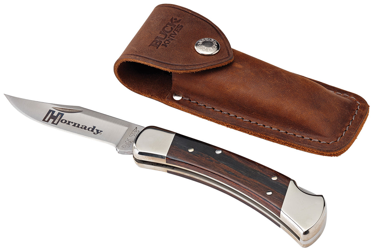 Buck 110 Folding Hunter 420HC SS Blade Macassar Ebony Dymondwood Handle with Nickel Bolsters