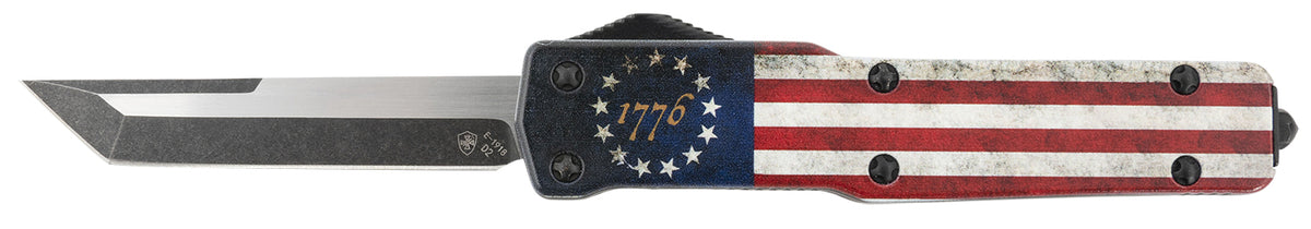Templar Knife MZBRF221 Premium Weighted Slim OTF Tanto Plain Stonewashed D2 Blade, 4.93" Betsy Ross Flag Zinc Alloy Handle