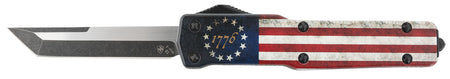 Templar Knife MZBRF221 Premium Weighted Slim OTF Tanto Plain Stonewashed D2 Blade, 4.93" Betsy Ross Flag Zinc Alloy Handle