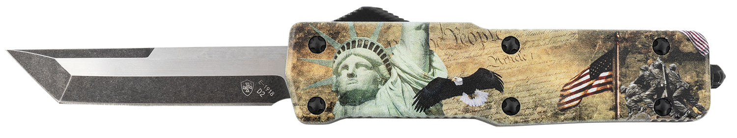 Templar Knife SZLIB221 Premium Weighted Small OTF Tanto Stonewashed D2 Blade, 4.50" Liberty Flag Eagle Gold Zinc Alloy Handle