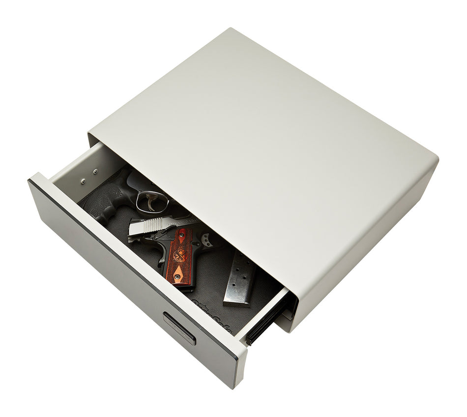 SnapSafe 75404 GlideVault Spring-Assisted Drawer Safe Code and Key Entry Silver Steel Touchpad