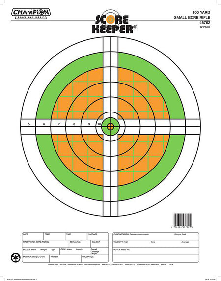 Champion Score Keeper 100 yd Small Bore Rifle Fluorescent Sight-In Bullseye Paper Target 12 PK