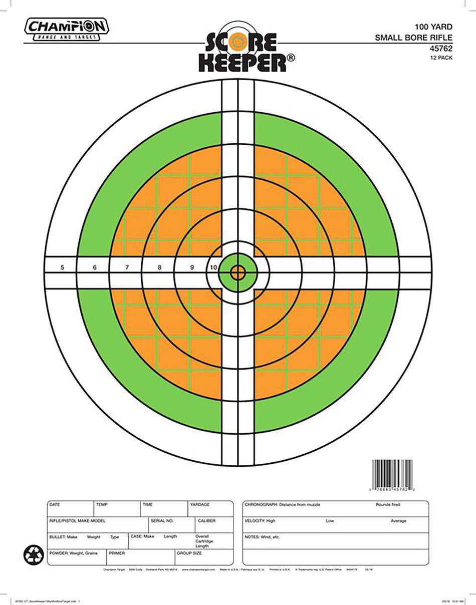 Champion Score Keeper 100 yd Small Bore Rifle Fluorescent Sight-In Bullseye Paper Target 12 PK