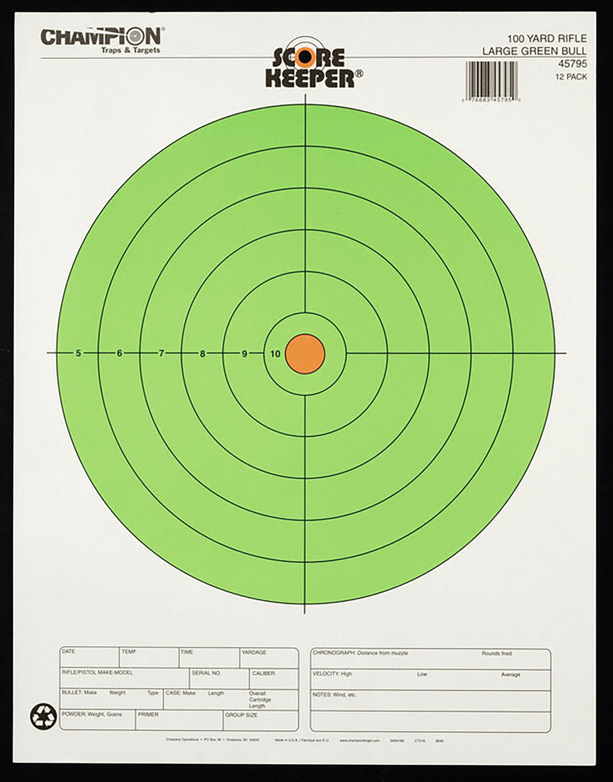 Champion Score Keeper Large Fluorescent Bullseye Rifle Paper Target Hanging 100 yds 12 Pack