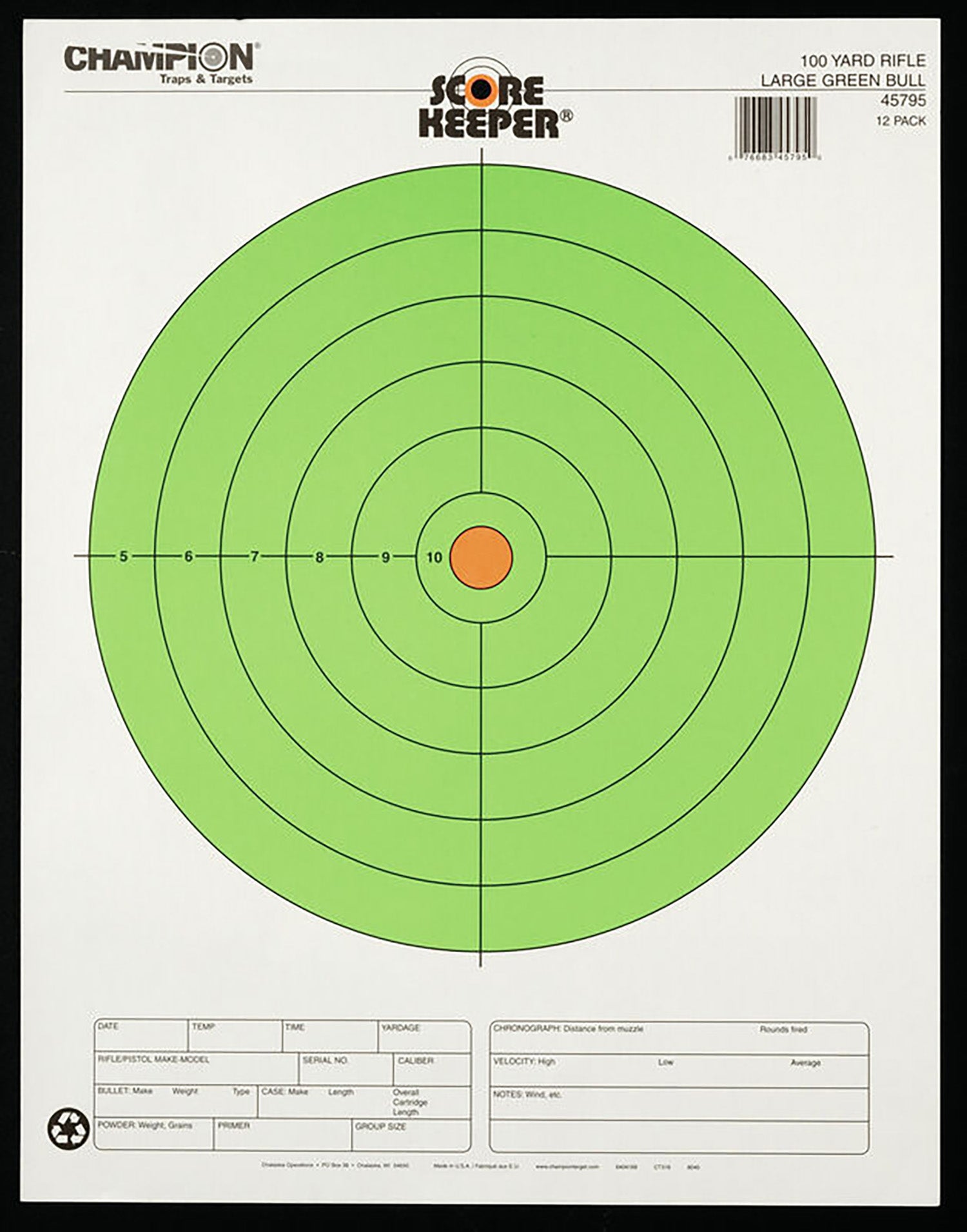 Champion Score Keeper Large Fluorescent Bullseye Rifle Paper Target Hanging 100 yds 12 Pack