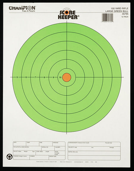 Champion Score Keeper Large Fluorescent Bullseye Rifle Paper Target Hanging 100 yds 12 Pack