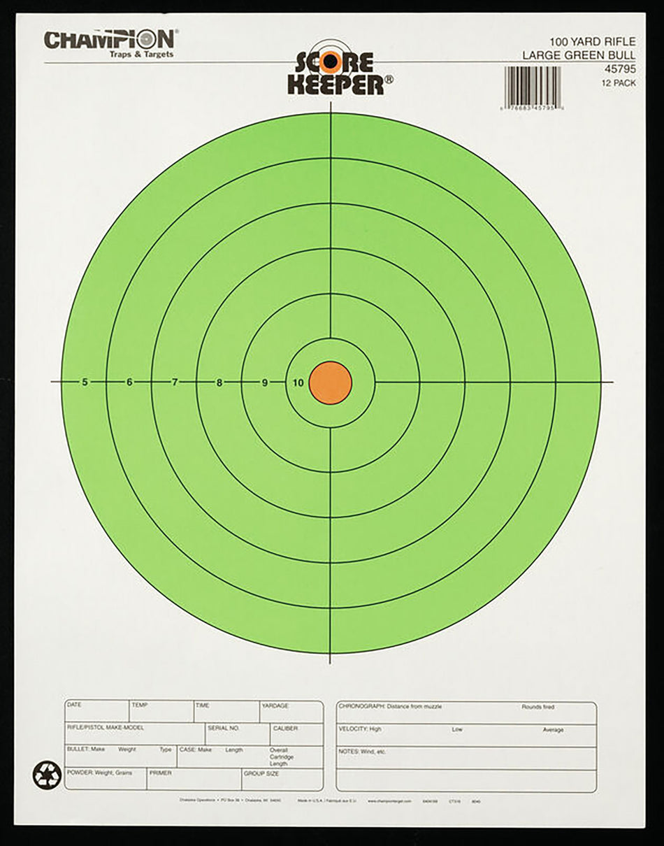 Champion Score Keeper Large Fluorescent Bullseye Rifle Paper Target Hanging 100 yds 12 Pack