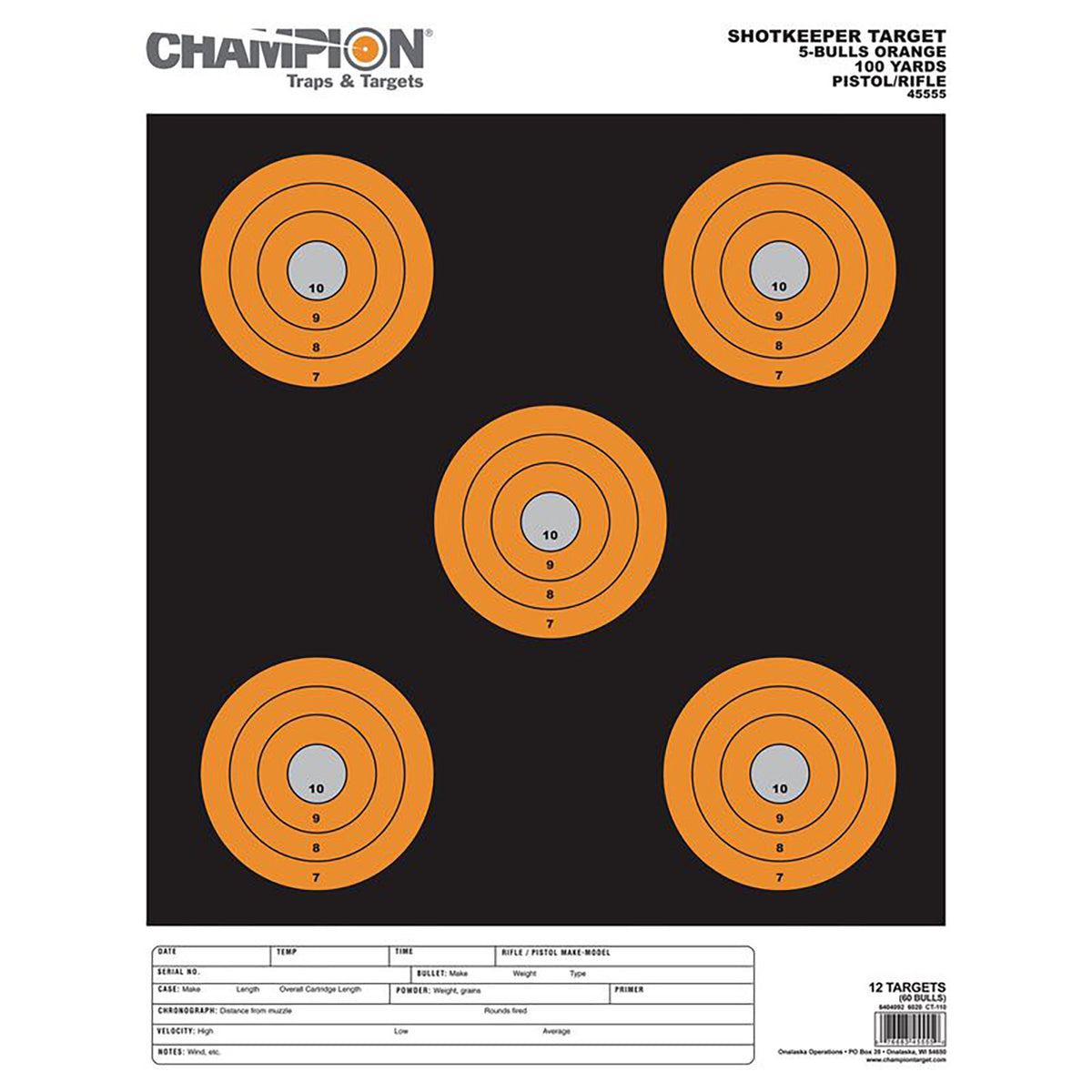 Champion Targets Shotkeeper 45555 Large Black/Orange 5" Bullseye Pistol/Rifle Paper Target 12 Pack