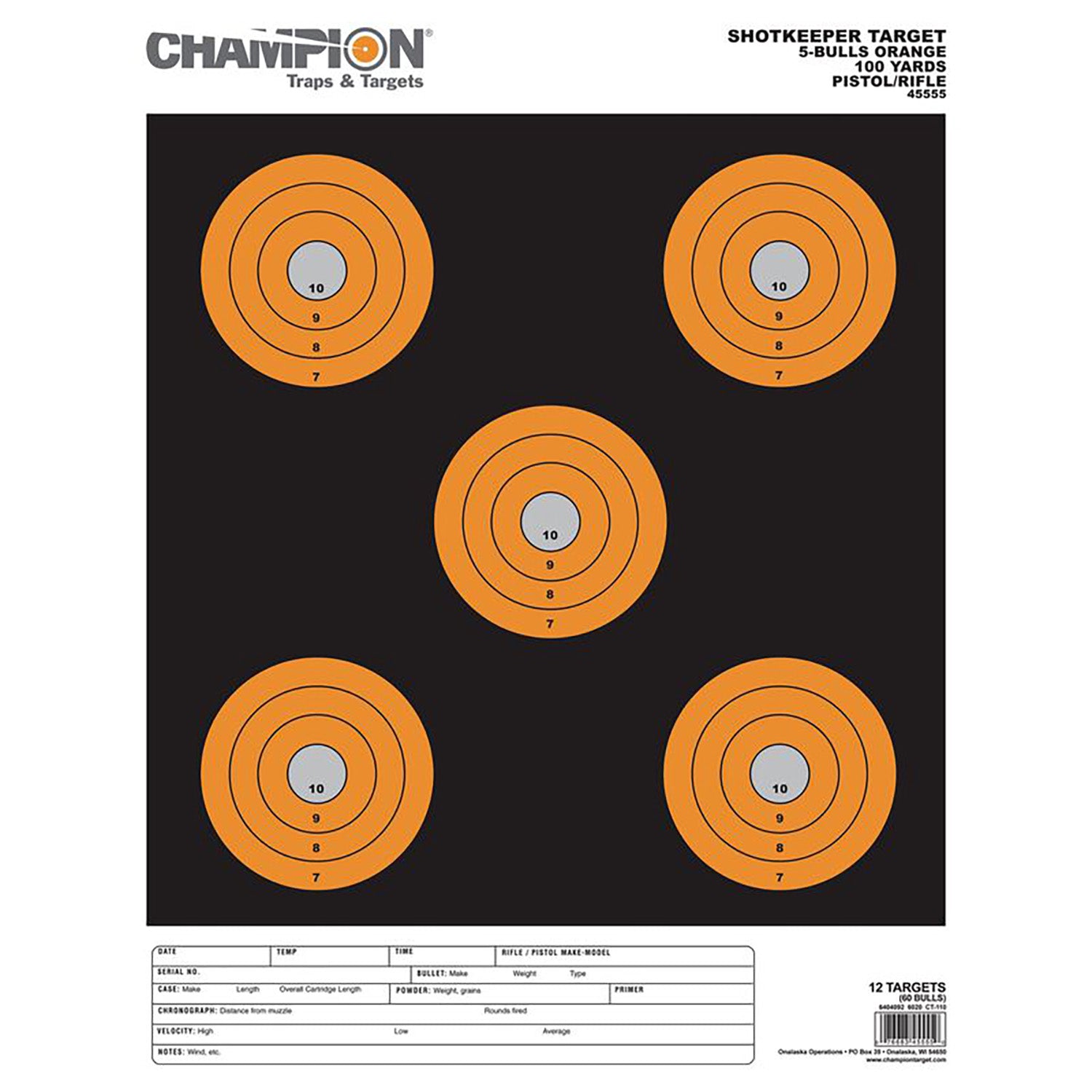 Champion Targets Shotkeeper 45555 Large Black/Orange 5" Bullseye Pistol/Rifle Paper Target 12 Pack