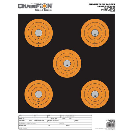 Champion Targets Shotkeeper 45555 Large Black/Orange 5" Bullseye Pistol/Rifle Paper Target 12 Pack
