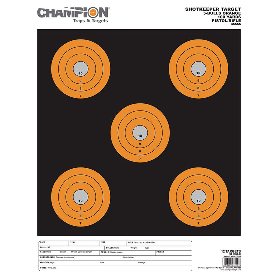 Champion Targets Shotkeeper 45555 Large Black/Orange 5" Bullseye Pistol/Rifle Paper Target 12 Pack