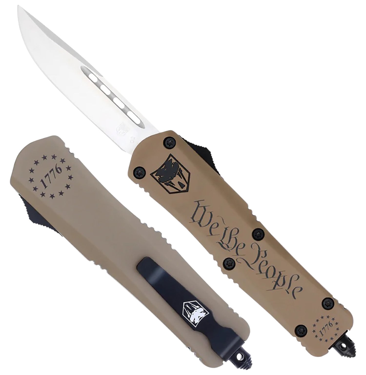 CobraTec SWTPFS3DNS We The People Small 2.75" OTF Drop Point D2 Blade Tan Cerakoted Handle w/ Glass Breaker