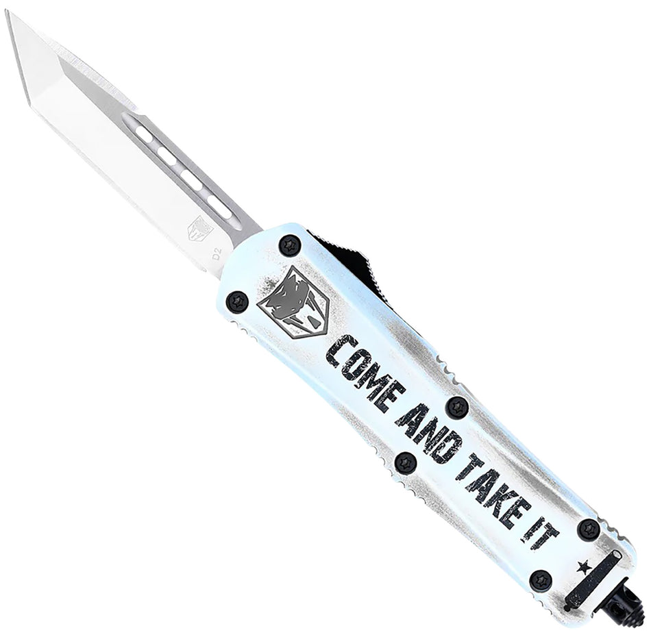 CobraTec SCATIFS3TNS Come And Take It Small 3" OTF Tanto Satin D2 Blade White Cerakoted Handle w/ Pocket Clip
