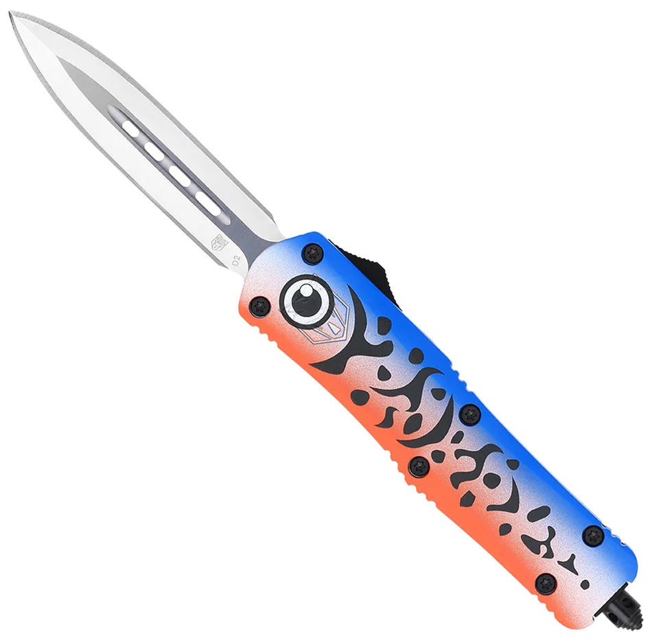 CobraTec MFLBLUFS3DAGNS Blue Lure Medium 3" OTF Dagger Satin D2 Blade Blue Cerakoted Handle w/ Glass Breaker