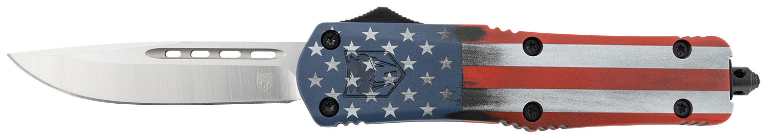 CobraTec MCUSAFS3DNS American Flag Medium 3" OTF Drop Point Satin D2 Blade US Flag Cerakoted Handle w/ Glass Breaker