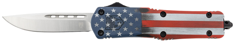 CobraTec MCUSAFS3DNS American Flag Medium 3" OTF Drop Point Satin D2 Blade US Flag Cerakoted Handle w/ Glass Breaker