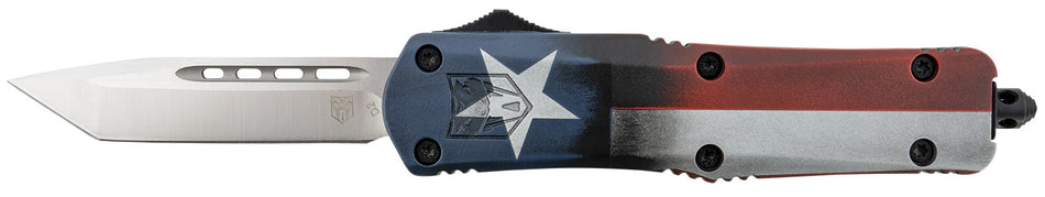 CobraTec MCTXFS3TNS Texas Flag Medium 3" OTF Tanto Satin D2 Blade Texas Flag Cerakoted Handle w/ Glass Breaker