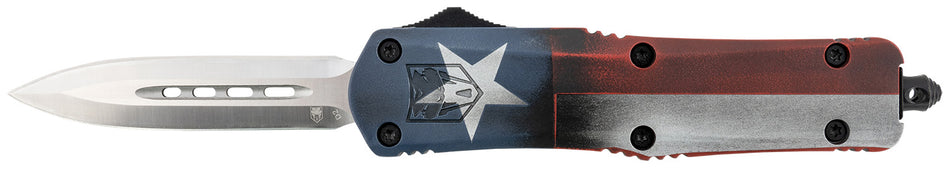 CobraTec MCTXFS3DAGNS Texas Flag Medium 3" OTF Dagger Satin D2 Blade Texas Flag Cerakoted Handle w/ Glass Breaker