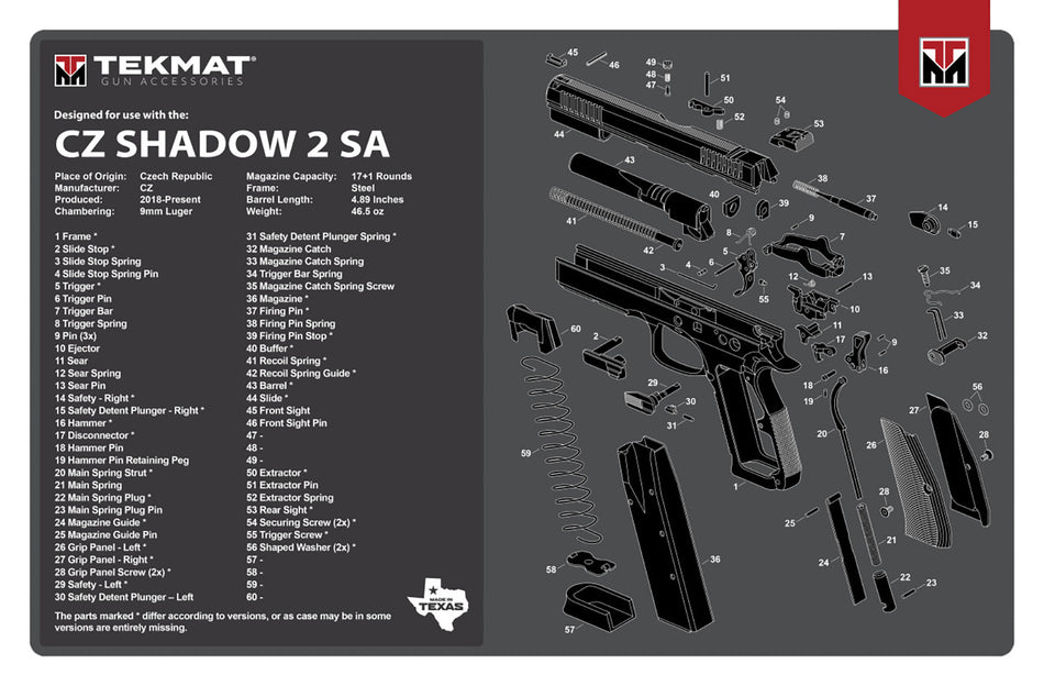 TekMat TEKR17CZSHDW2 CZ Shadow 2 SA Cleaning Mat 11x17 Inch Rubber with Parts Diagram
