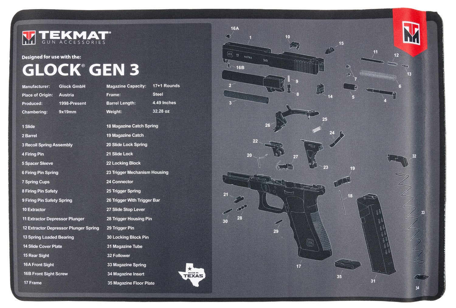 TekMat TEKR17GLOCKG3 Glock Gen3 Cleaning Mat 11x17 Inch Rubber with Parts Diagram