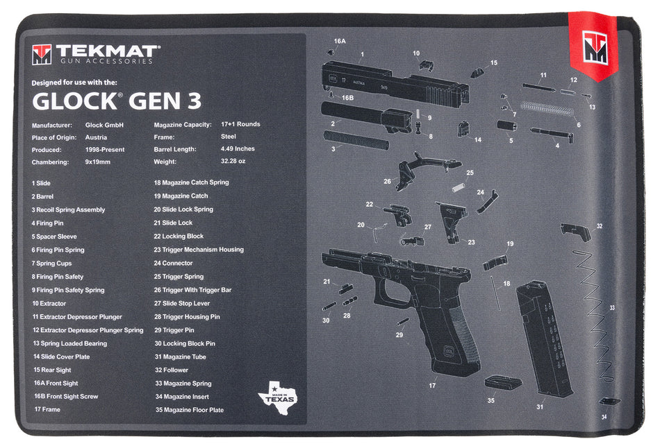 TekMat TEKR17GLOCKG3 Glock Gen3 Cleaning Mat 11x17 Inch Rubber with Parts Diagram