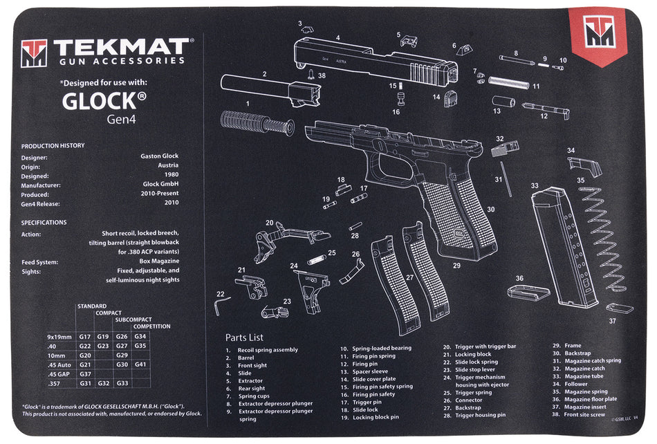 TekMat TEKR17GLOCKG4 Glock Gen 4 Cleaning Mat 11x17 Inch Rubber with Parts Diagram