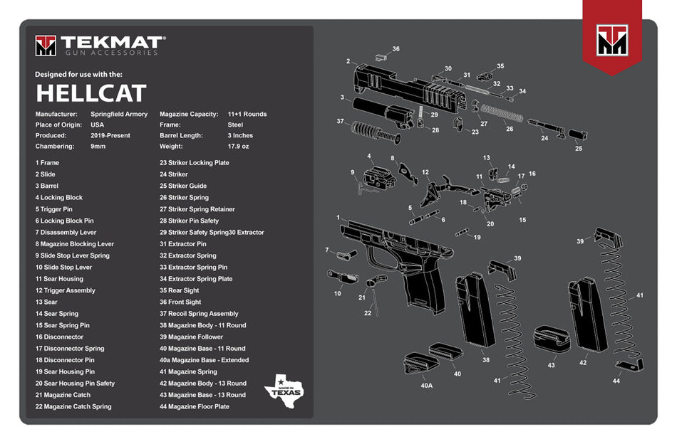 TekMat TEKR17HELLCAT Springfield Hellcat Cleaning Mat 11x17 Inch Rubber with Parts Diagram