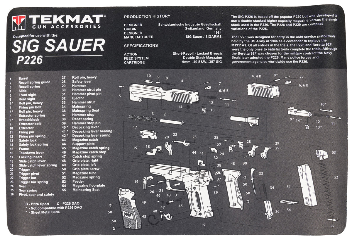 TekMat TEKR17SIGP226 Sig P226 Cleaning Mat 11x17 Inch Rubber with Parts Diagram