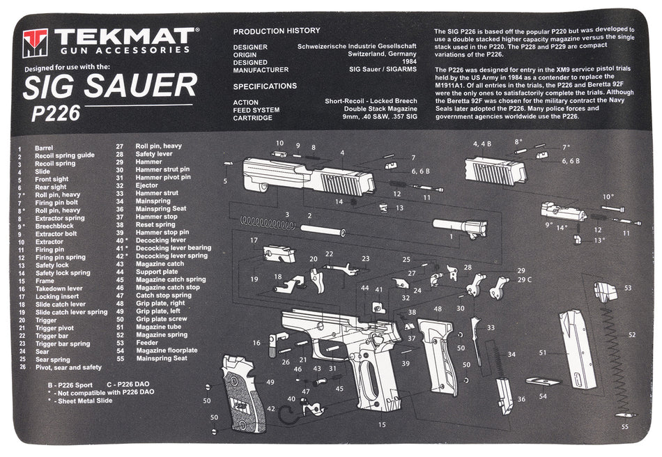 TekMat TEKR17SIGP226 Sig P226 Cleaning Mat 11x17 Inch Rubber with Parts Diagram
