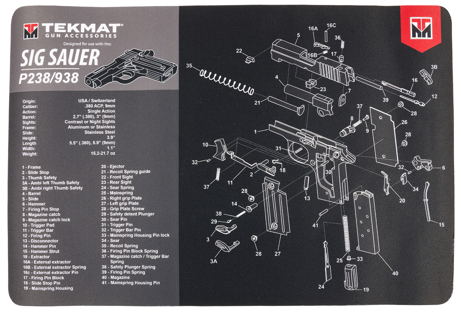 TekMat TEKR17SIGP238 Sig P238 Cleaning Mat 11x17 Inch Rubber with Parts Diagram