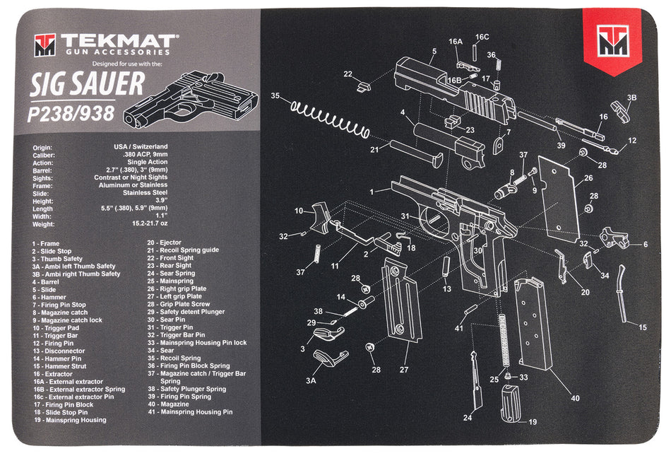 TekMat TEKR17SIGP238 Sig P238 Cleaning Mat 11x17 Inch Rubber with Parts Diagram