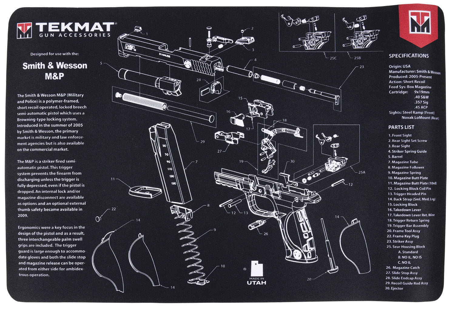 TekMat TEKR17SWMP Smith & Wesson M&P Cleaning Mat 11"x17" Black/Gray Rubber